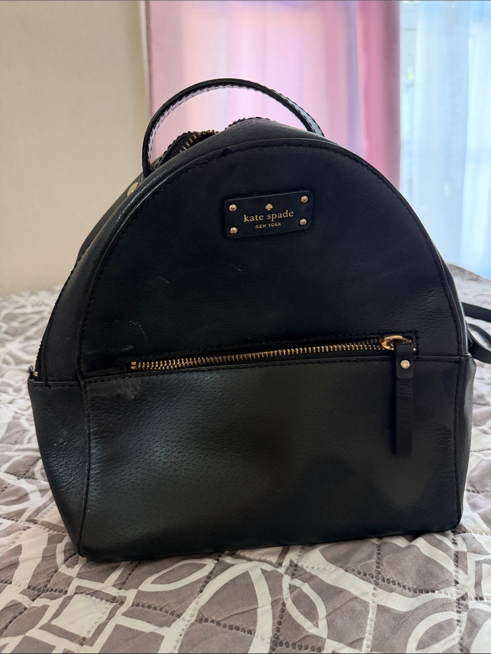 kate spade Black Leather Small Arch Backpack with Gold Hardware